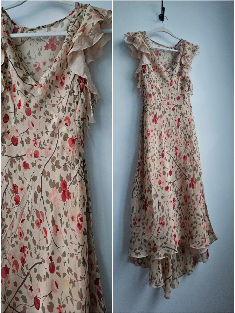 AEFFE Spa Vintage Peach Silk Floral Ruffled Sleeve V-Neck Cascade Midaxi Dress